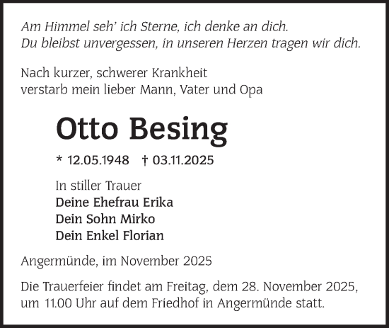 Traueranzeige von Otto Besing von MO Uckerm.-Anz.