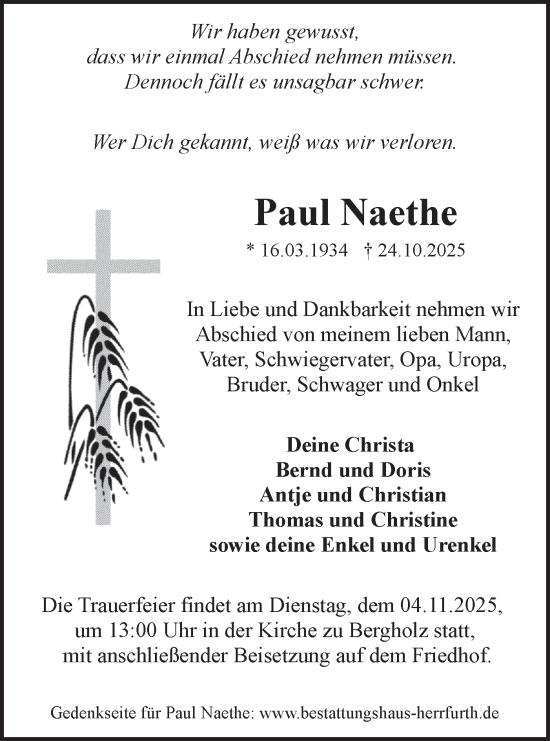Traueranzeige von Paul Naethe von Märkische Oderzeitung