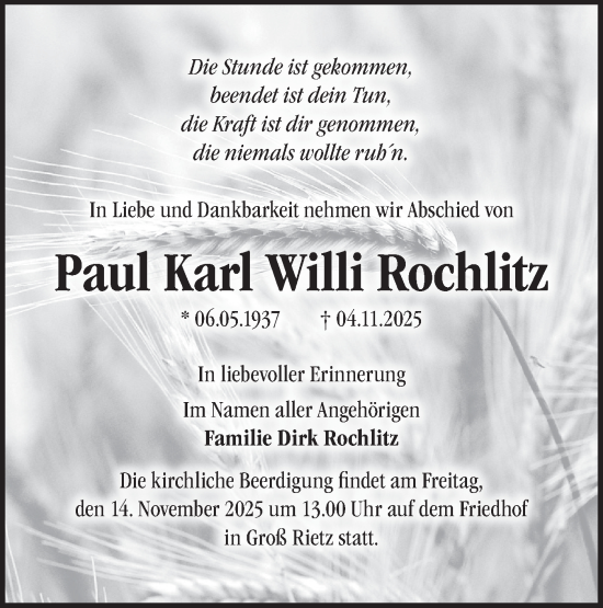Traueranzeige von Paul Karl Willi Rochlitz von Märkische Oderzeitung
