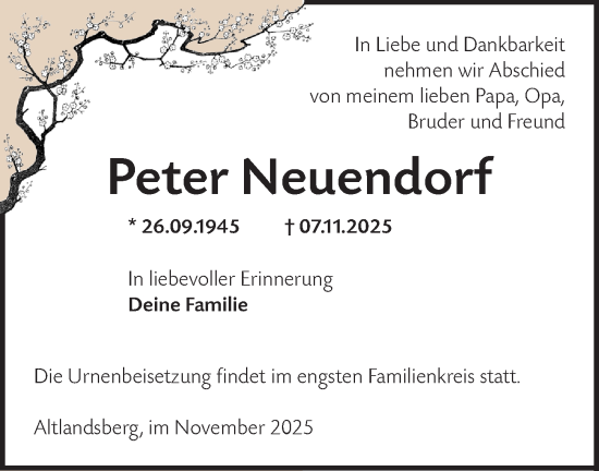 Traueranzeige von Peter Neuendorf von Märkische Oderzeitung