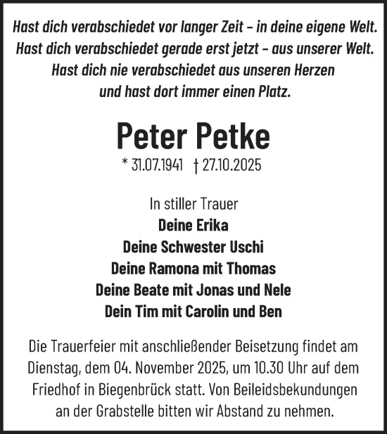 Traueranzeige von Peter Petke von Märkische Oderzeitung