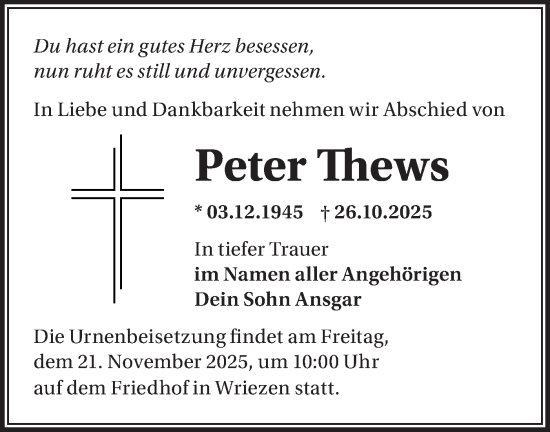 Traueranzeige von Peter Thews von MO Oderld.-Echo
