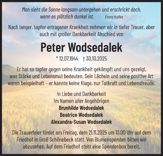 Traueranzeige von Peter Wodsedalek von Märkische Oderzeitung
