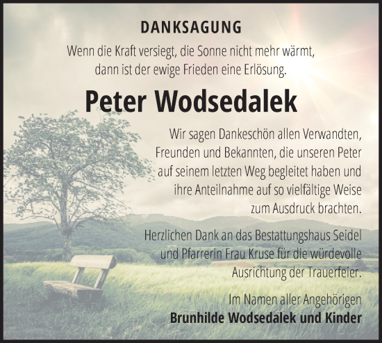 Traueranzeige von Peter Wodsedalek von Märkische Oderzeitung