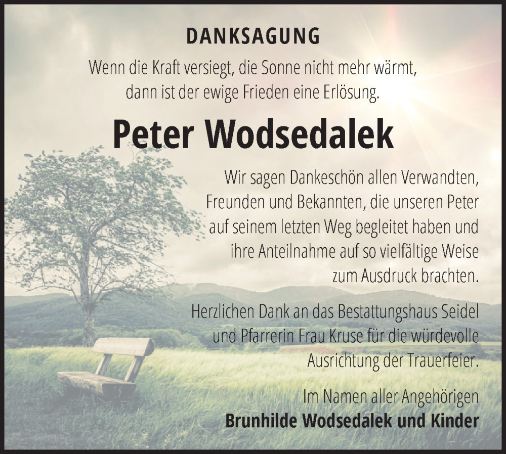  Traueranzeige für Peter Wodsedalek vom 29.11.2025 aus Märkische Oderzeitung