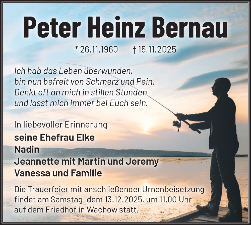  Traueranzeige für Peter Heinz Bernau vom 29.11.2025 aus Märkische Oderzeitung