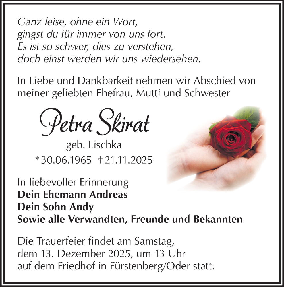  Traueranzeige für Petra Skirat vom 29.11.2025 aus Märkische Oderzeitung