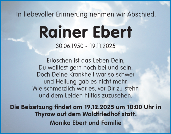 Traueranzeige von Rainer Ebert von Blickpunkt Ludwigsfelde/Zossen