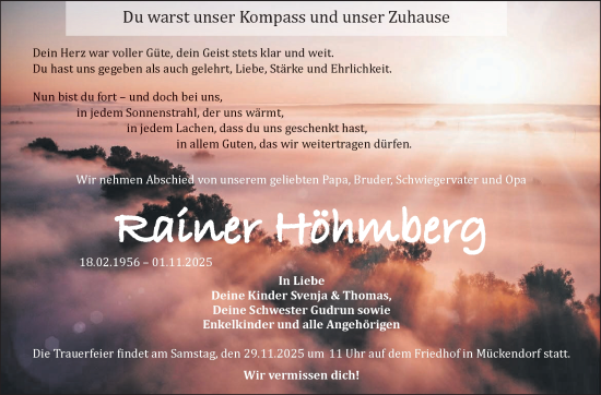 Traueranzeige von Rainer Höhmberg von Blickpunkt Ludwigsfelde/Zossen