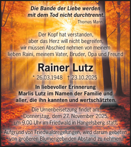 Traueranzeige von Rainer Lutz von Märkische Oderzeitung