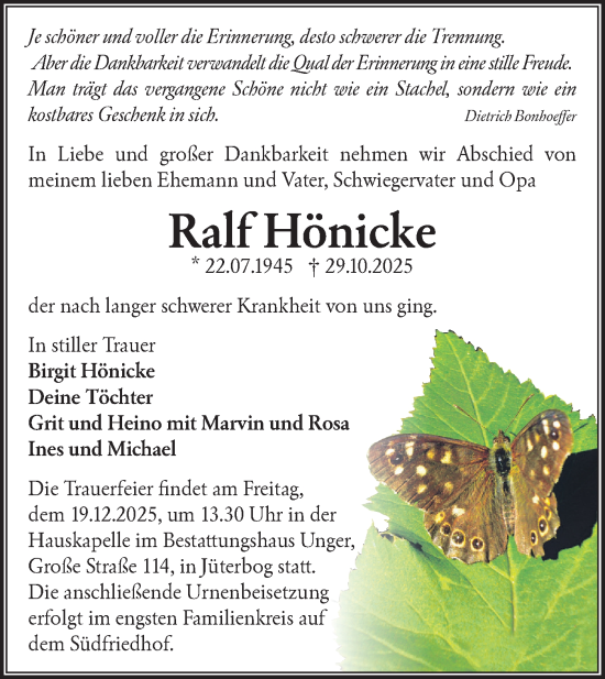 Traueranzeige von Ralf Hönicke von Blickpunkt Jüterbog/Luckenwalde