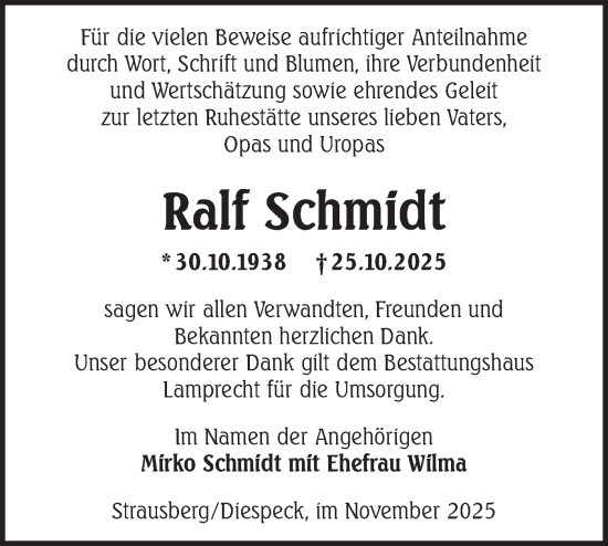 Traueranzeige von Ralf Schmidt von Märkische Oderzeitung