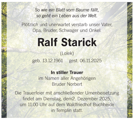 Traueranzeige von Ralf Starick von Märkische Oderzeitung