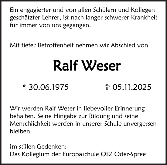 Traueranzeige von Ralf Weser von Märkische Oderzeitung