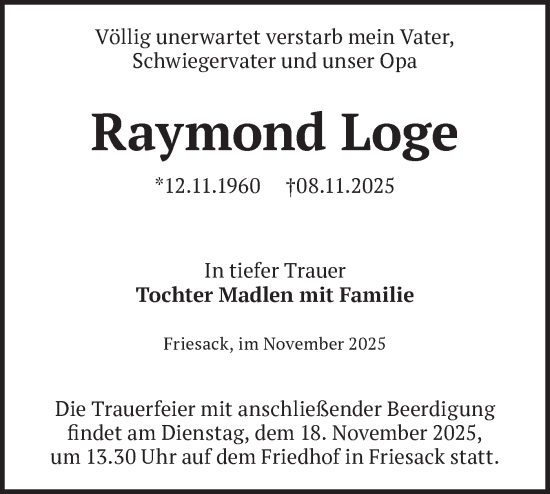 Traueranzeige von Raymond Loge von Märkische Oderzeitung