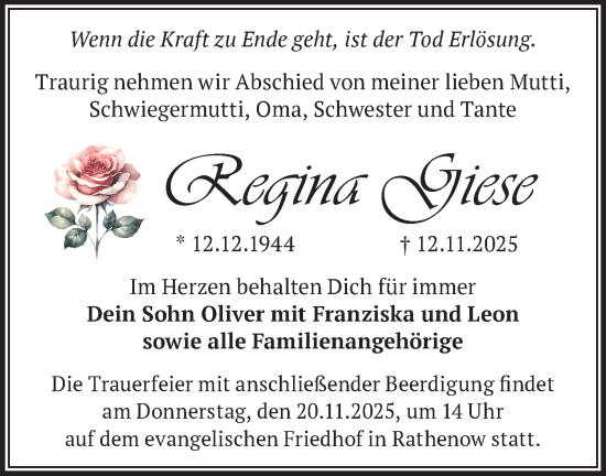 Traueranzeige von Regina Giese von Märkische Oderzeitung