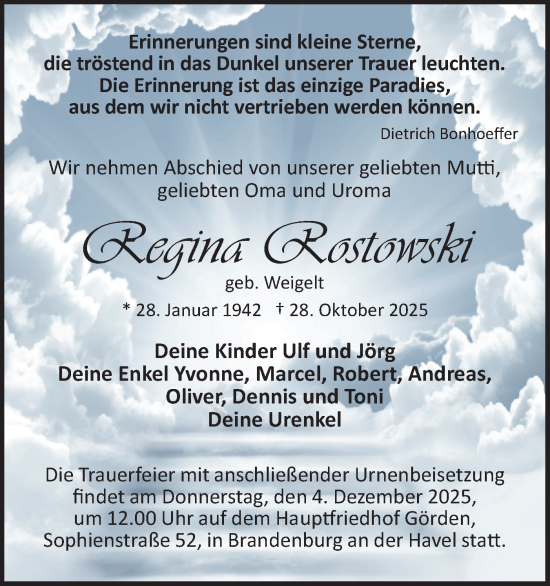 Traueranzeige von Regina Rostowski von Märkische Oderzeitung
