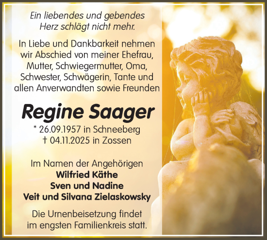 Traueranzeige von Regine Saager von Blickpunkt Ludwigsfelde/Zossen