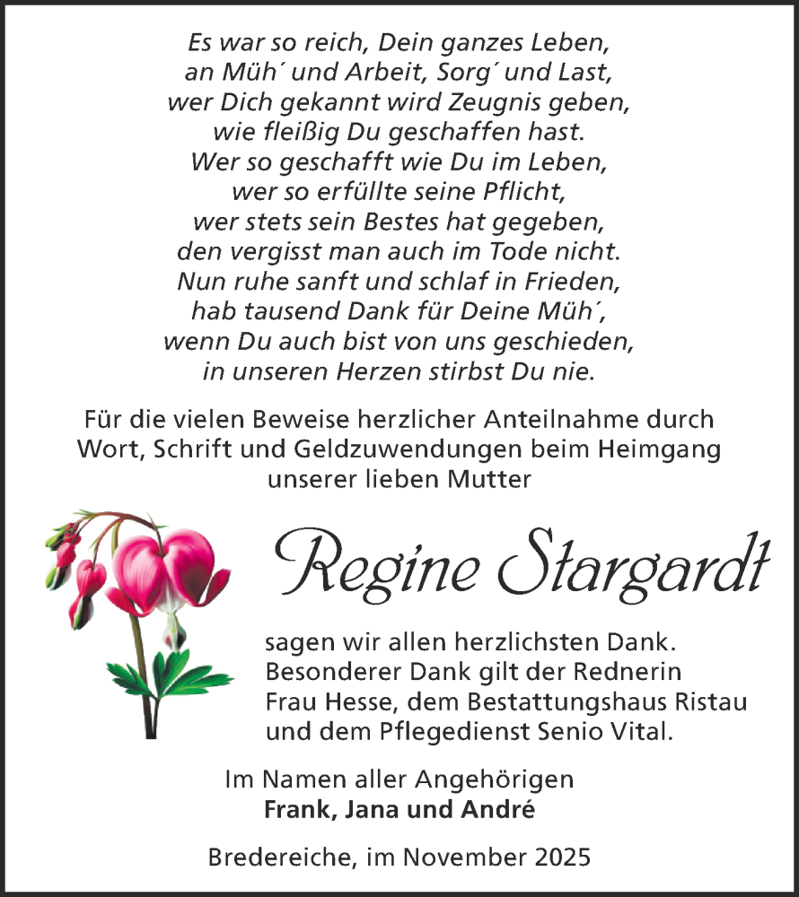  Traueranzeige für Regine Stargardt vom 15.11.2025 aus Märkische Oderzeitung