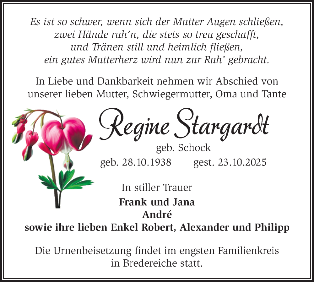  Traueranzeige für Regine Stargardt vom 01.11.2025 aus Märkische Oderzeitung