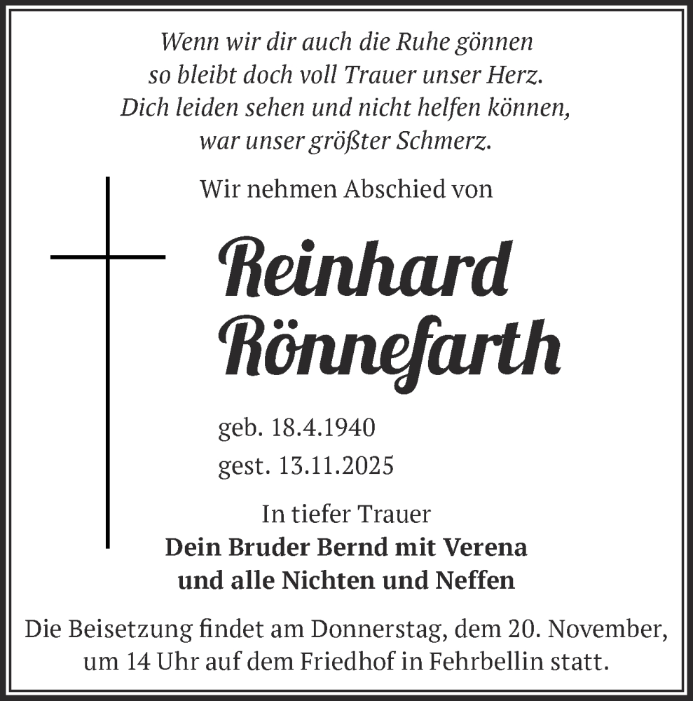  Traueranzeige für Reinhard Rönnefarth vom 18.11.2025 aus Märkische Oderzeitung