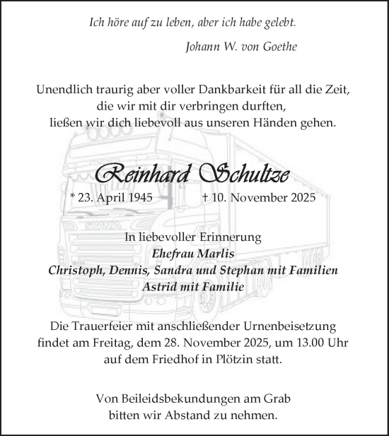 Traueranzeige von Reinhard Schultze von Blickpunkt Potsdam/Werder