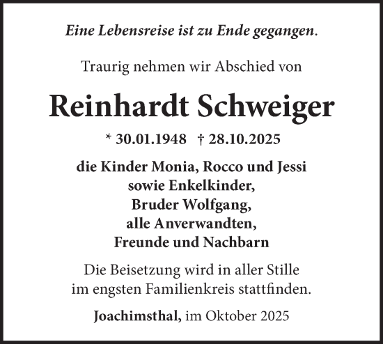 Traueranzeige von Reinhardt Schweiger von Märkische Oderzeitung