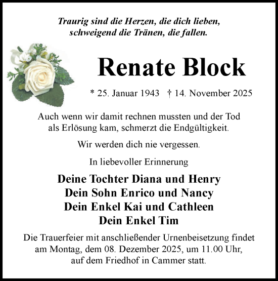 Traueranzeige von Renate Block von Märkische Oderzeitung