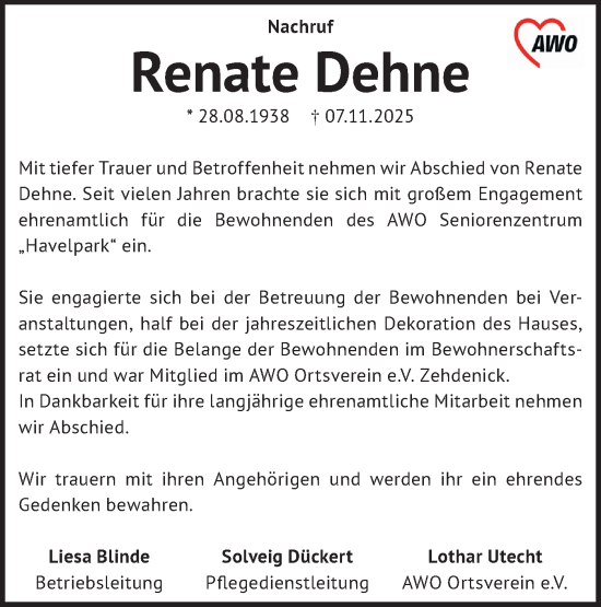 Traueranzeige von Renate Dehne von Märkische Oderzeitung