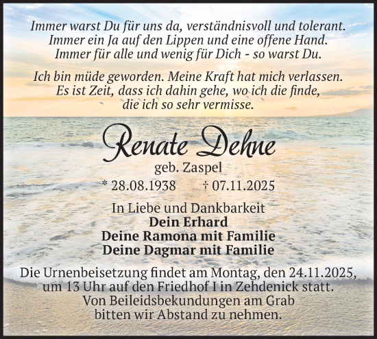 Traueranzeige von Renate Dehne von Märkische Oderzeitung