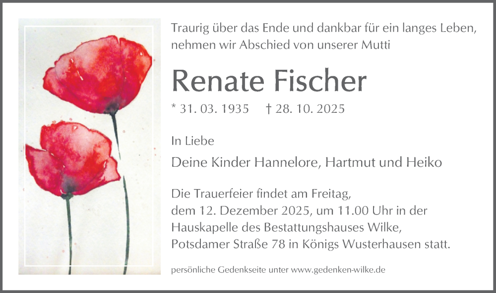  Traueranzeige für Renate Fischer vom 22.11.2025 aus Blickpunkt Königs Wusterhausen