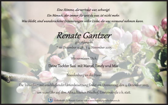 Traueranzeige von Renate Gantzer von Märkische Oderzeitung