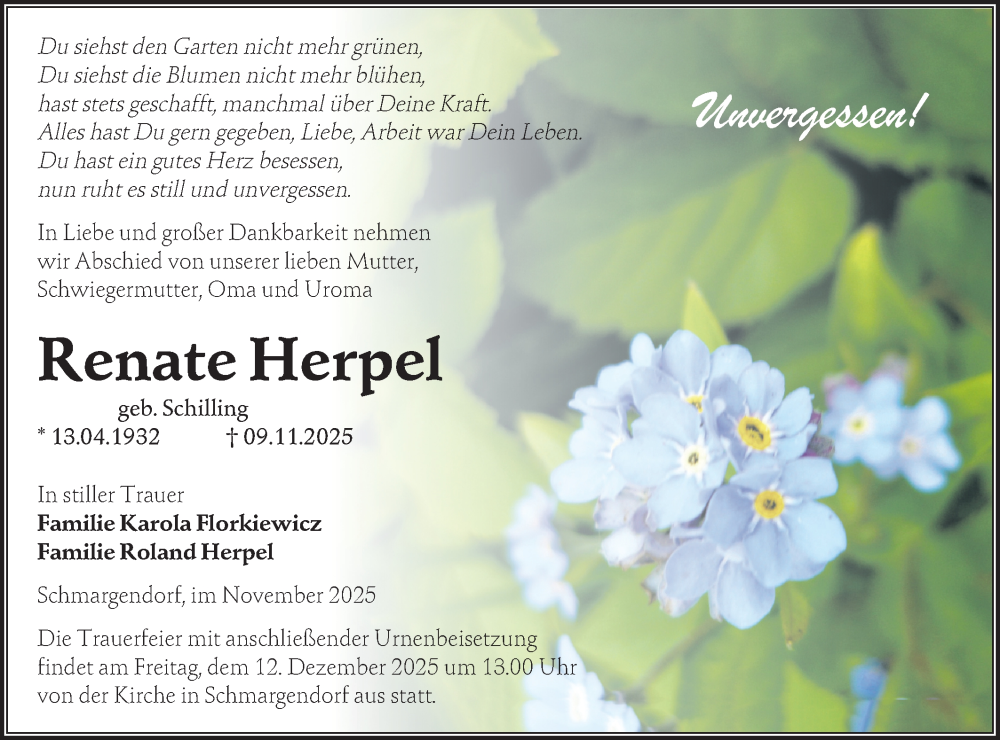  Traueranzeige für Renate Herpel vom 29.11.2025 aus MO Uckerm.-Anz.