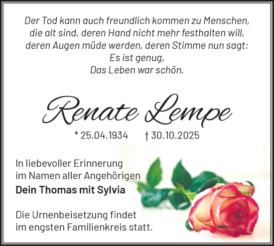 Traueranzeige von Renate Lempe von Blickpunkt Jüterbog/Luckenwalde