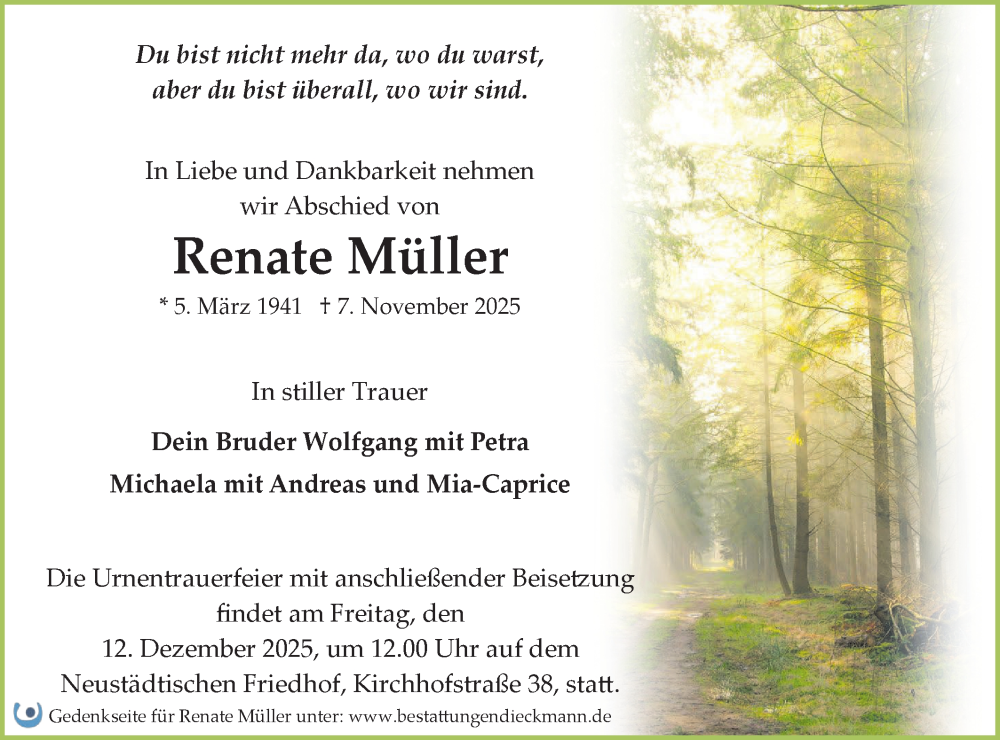  Traueranzeige für Renate Müller vom 22.11.2025 aus Märkische Oderzeitung