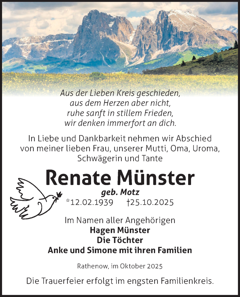  Traueranzeige für Renate Münster vom 01.11.2025 aus Märkische Oderzeitung