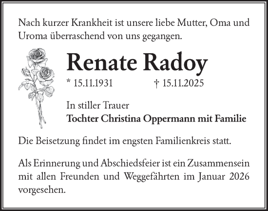 Traueranzeige von Renate Radoy von Märkische Oderzeitung