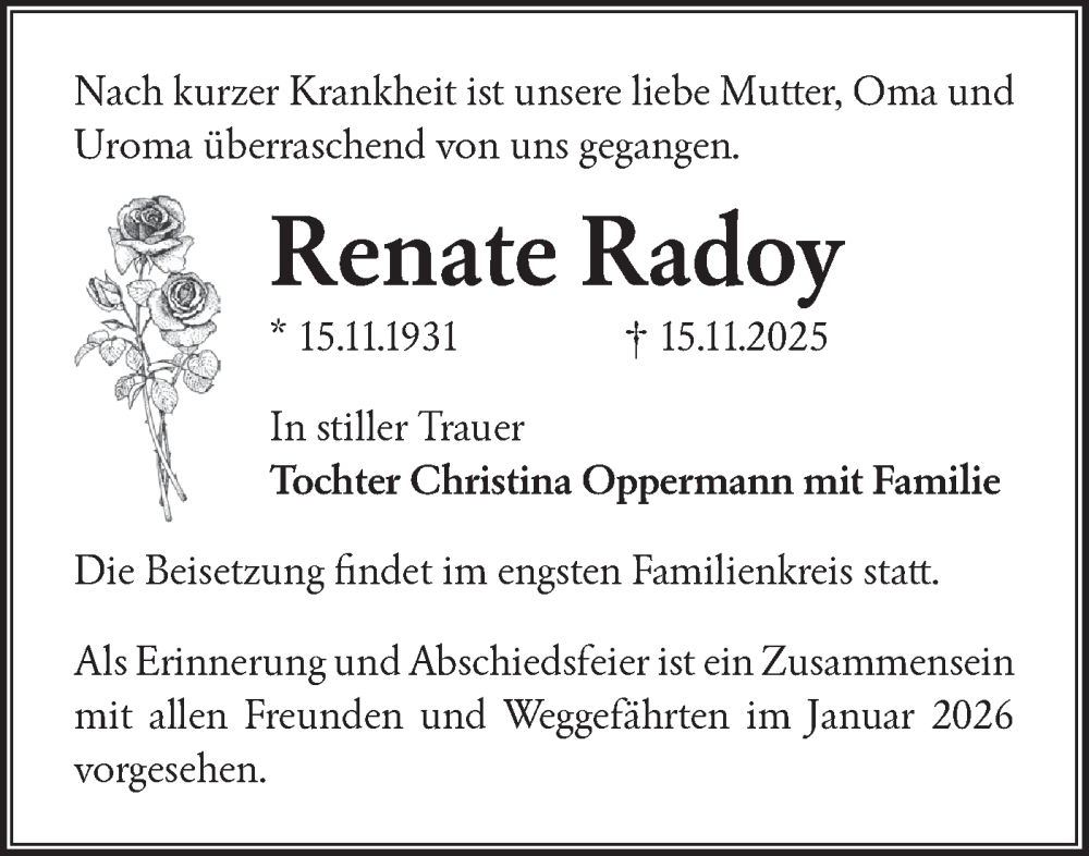  Traueranzeige für Renate Radoy vom 19.11.2025 aus Märkische Oderzeitung