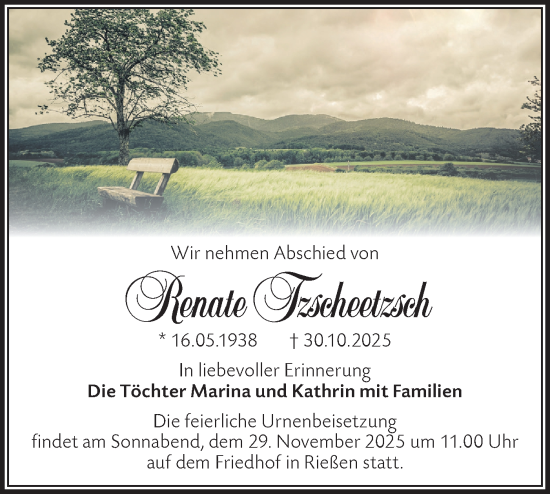 Traueranzeige von Renate Tzscheetzsch von Märkische Oderzeitung