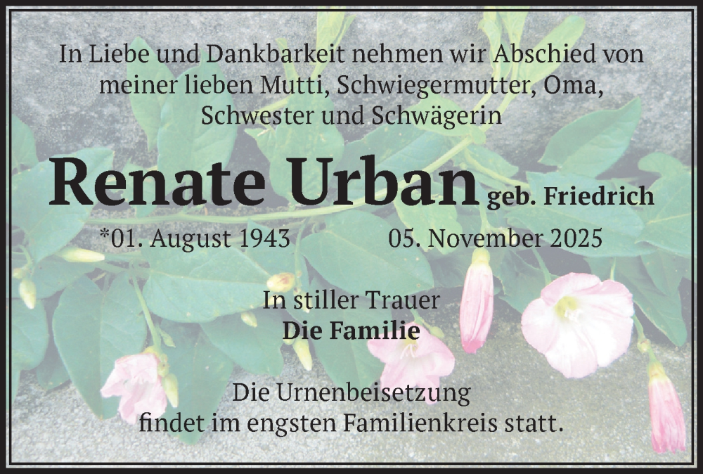  Traueranzeige für Renate Urban vom 15.11.2025 aus Märkische Oderzeitung