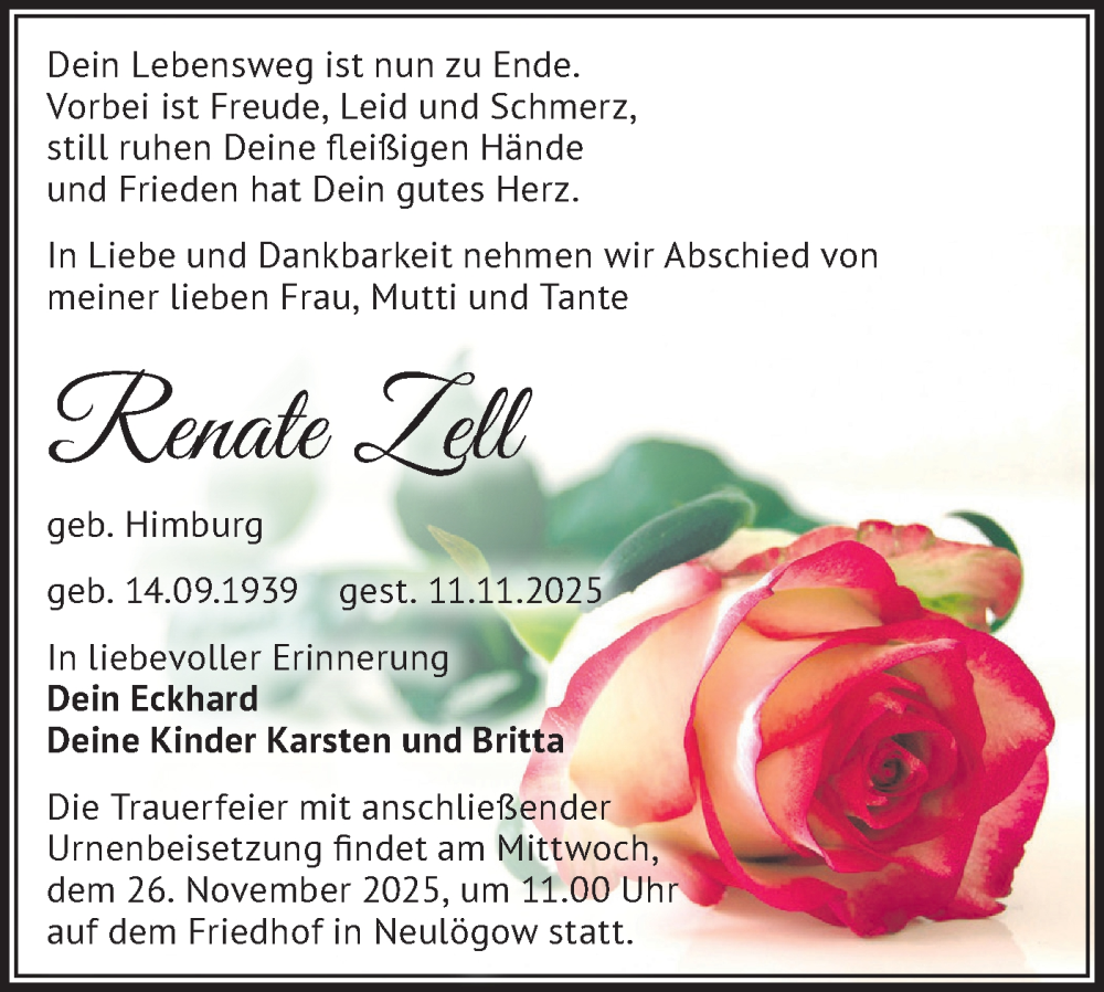  Traueranzeige für Renate Zell vom 22.11.2025 aus Märkische Oderzeitung