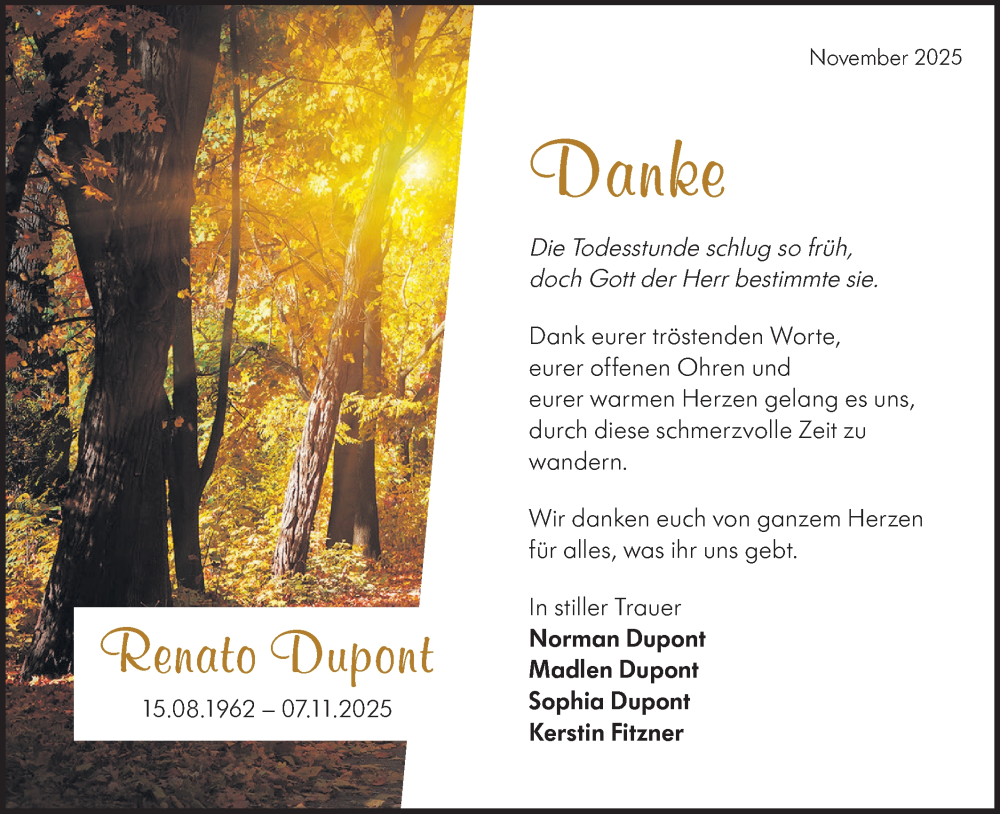  Traueranzeige für Renato Dupont vom 29.11.2025 aus Märkische Oderzeitung