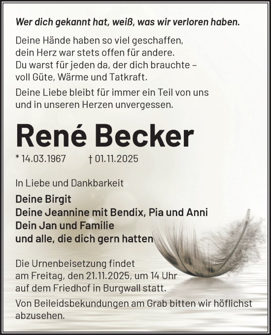 Traueranzeige von René Becker von Märkische Oderzeitung