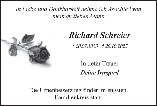 Traueranzeige von Richard Schreier von Märkische Oderzeitung