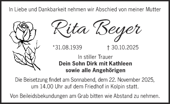 Traueranzeige von Rita Beyer von Märkische Oderzeitung