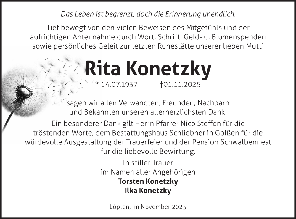  Traueranzeige für Rita Konetzky vom 29.11.2025 aus Blickpunkt Königs Wusterhausen