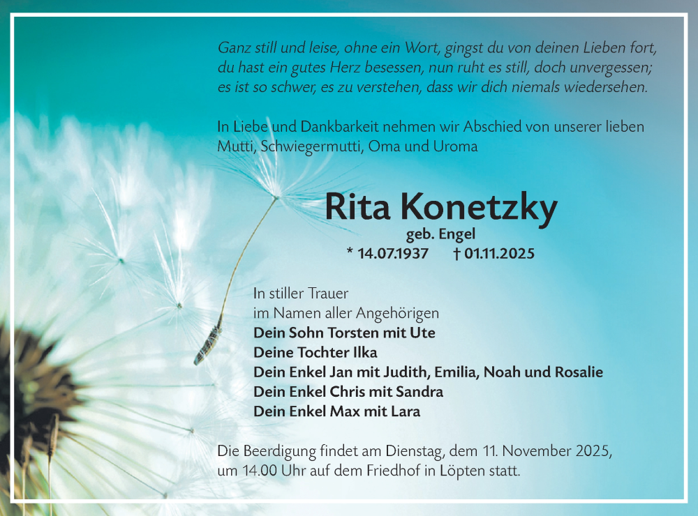  Traueranzeige für Rita Konetzky vom 08.11.2025 aus Blickpunkt Königs Wusterhausen