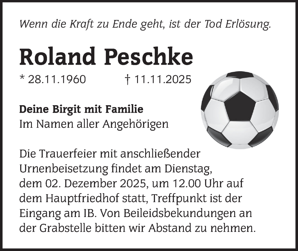  Traueranzeige für Roland Peschke vom 22.11.2025 aus Märkische Oderzeitung