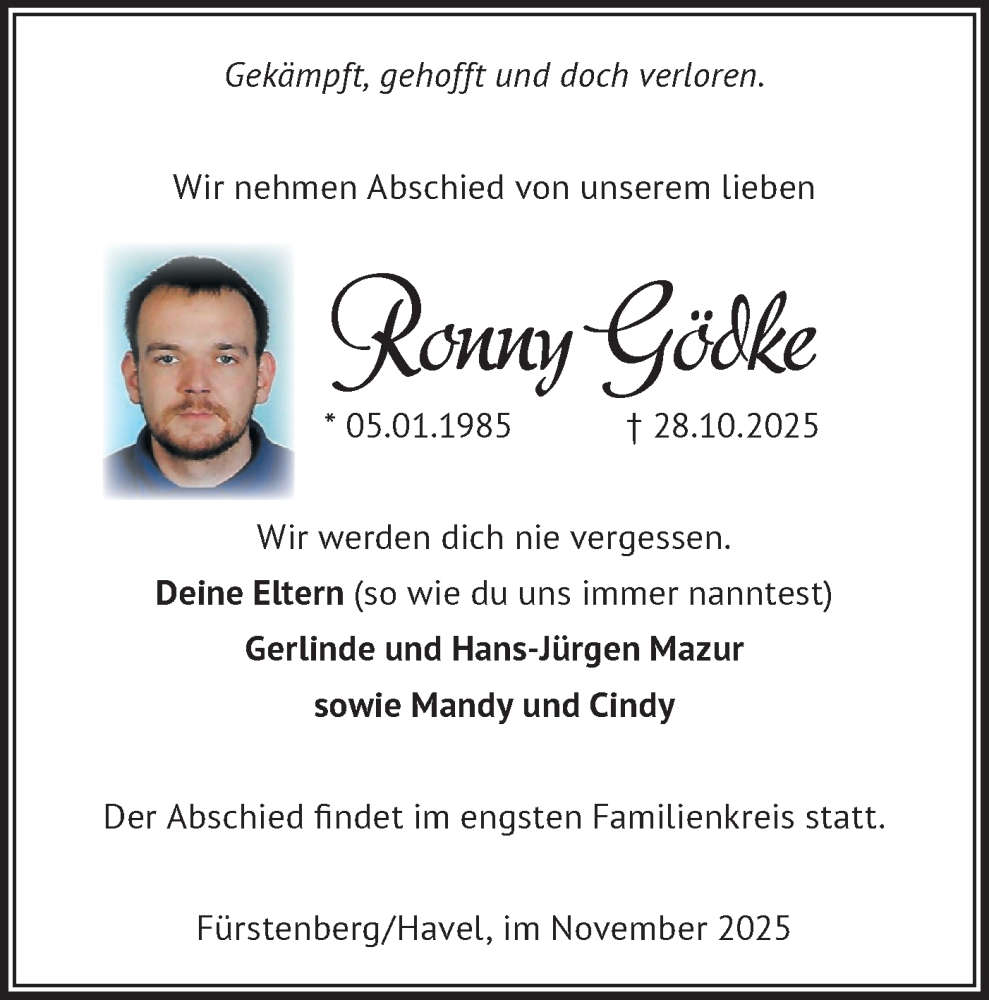  Traueranzeige für Ronny Gödke vom 19.11.2025 aus Märkische Oderzeitung