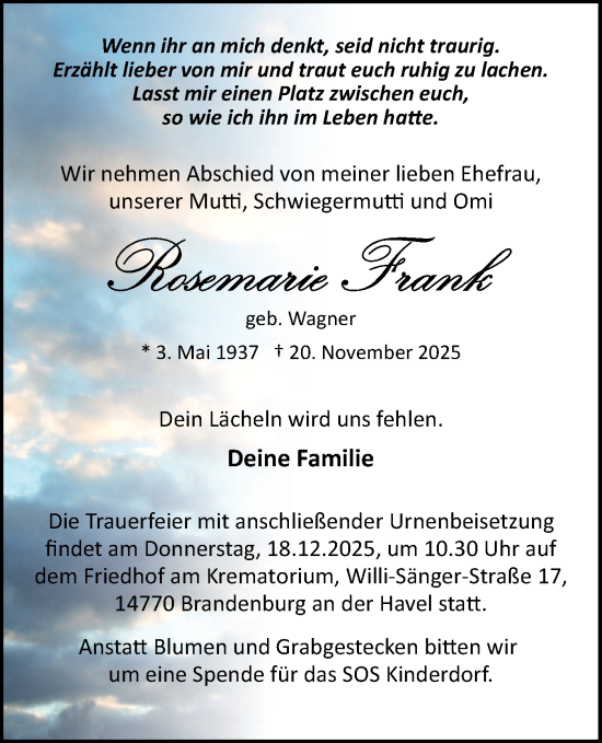 Traueranzeige von Rosemarie Frank von Märkische Oderzeitung